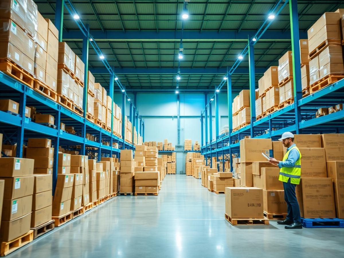Delii Ship warehouse with pallets and boxes ready for dispatch